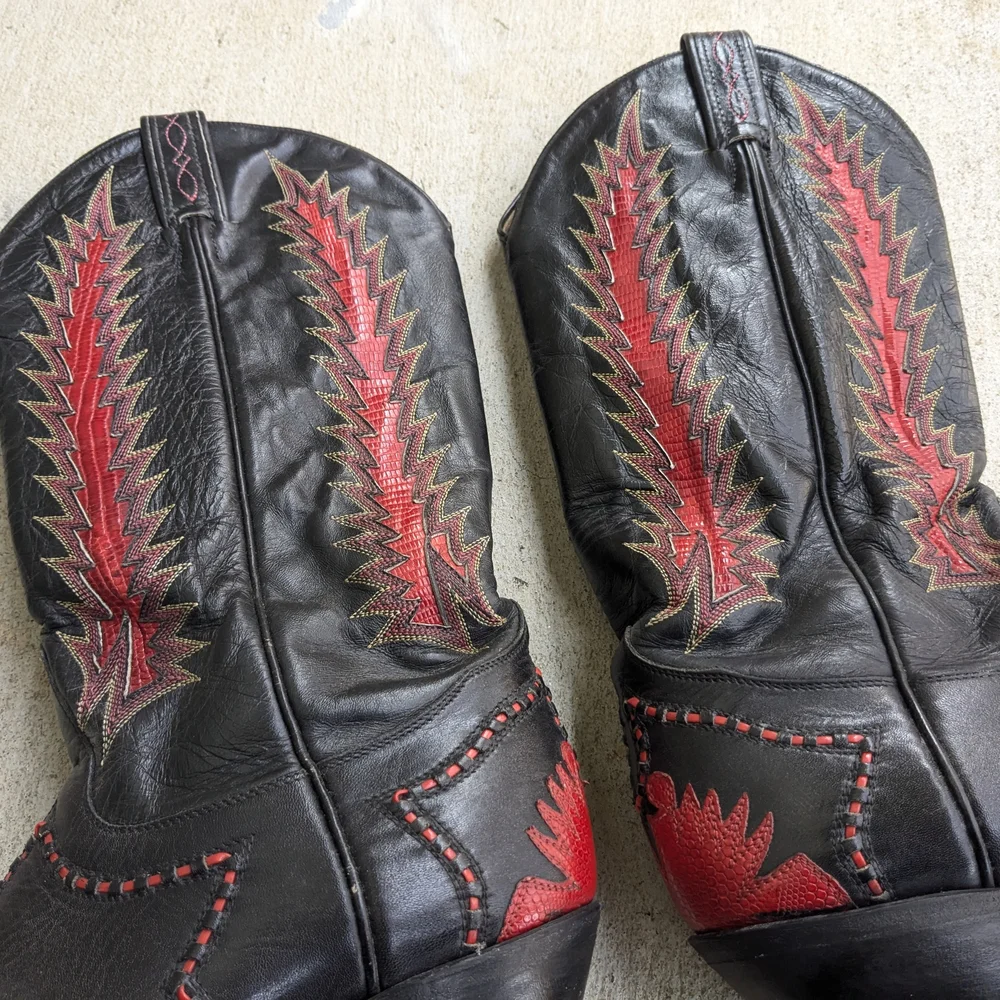 Tony Lama Cowboy Boots Red Black Lizard Leather Men 8.5 D - Picture 3 of 15
